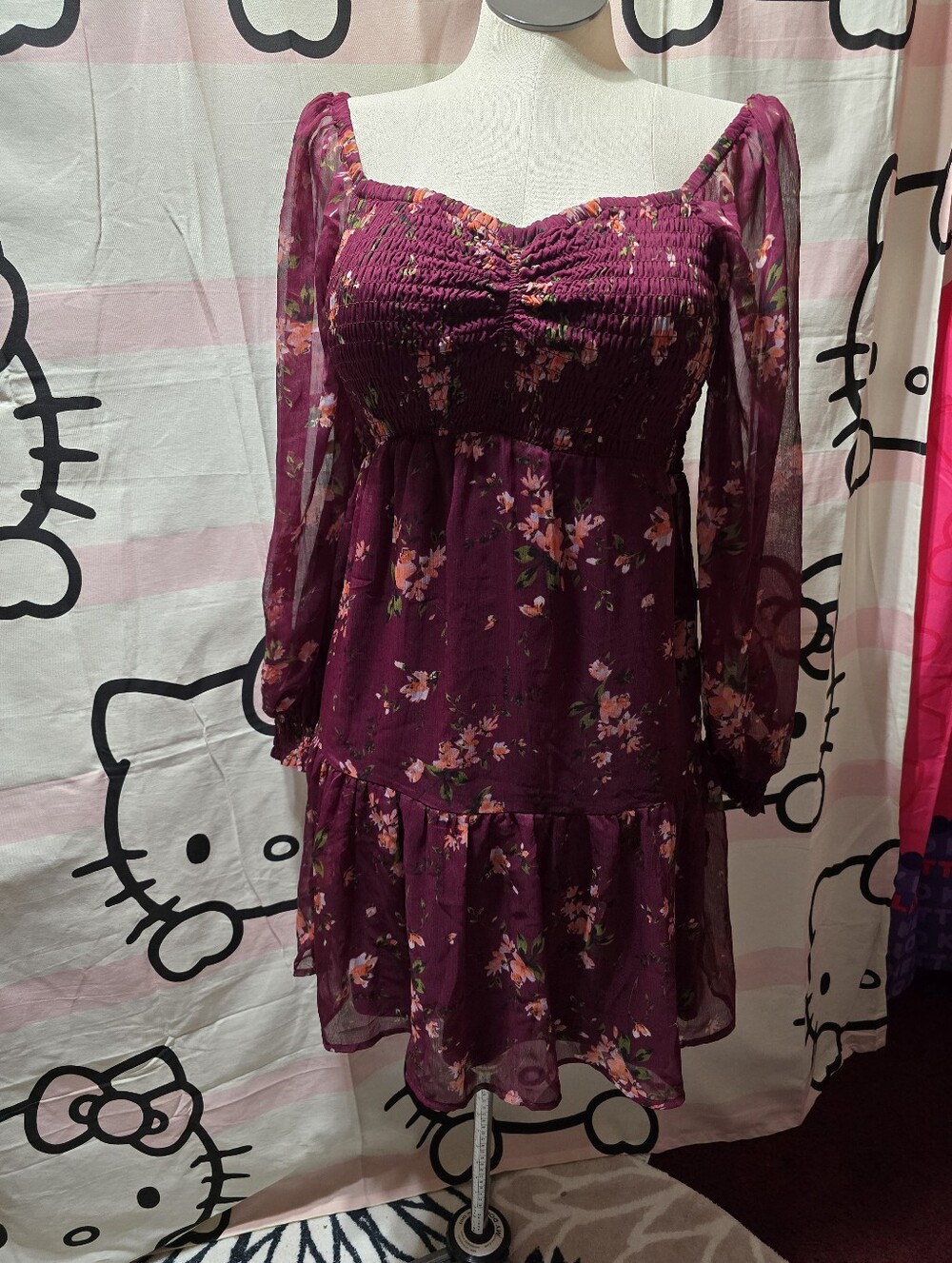 NWT Med Maurices Arbor Smocked Dress Blackberry Wine Floral Chiffon Mini